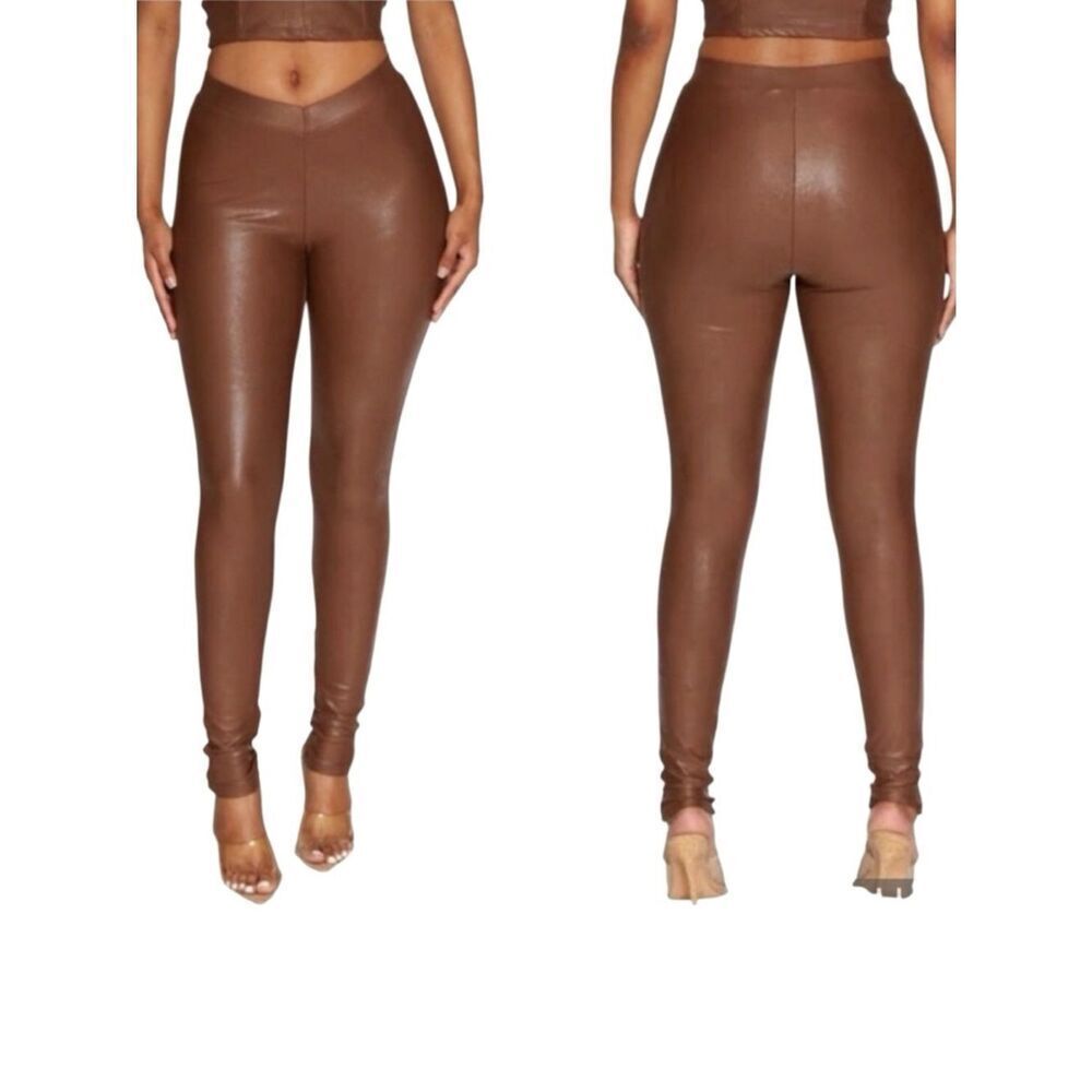 Naked Wardrobe Drip V High Waist Faux Leather Leggings Size Small
